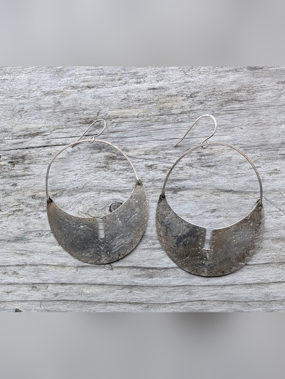 Artist Sterling Silver Press Metal Dangle Half Crescent Silver XL Hoop Aztec